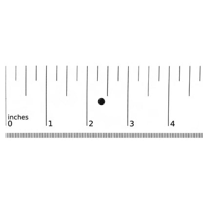 Close-up image of a white metal stud earring with a round black gemstone in a four-prong setting, shown on a scale from above.
