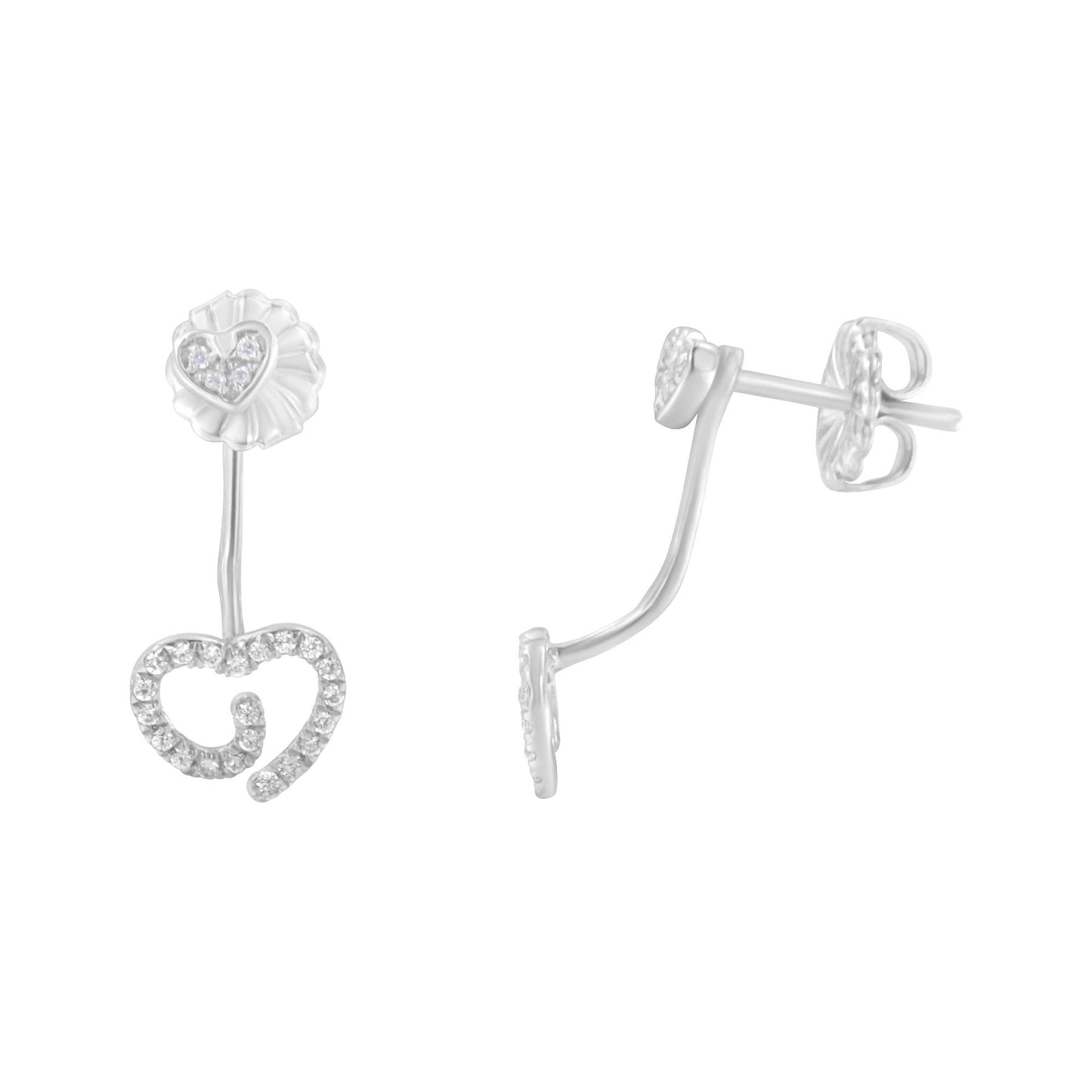 Front and side angled view of white metal earrings with pave-set round white gemstones forming a swirl and small heart design.