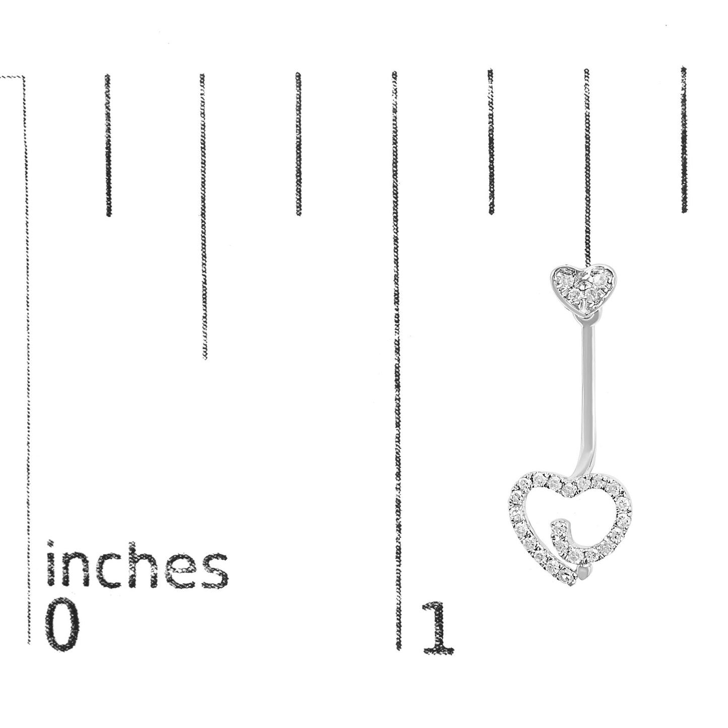 White metal dangle earring with two heart shapes adorned with white round pave-set gemstones, shown on a ruler for size reference, shot from front angle.