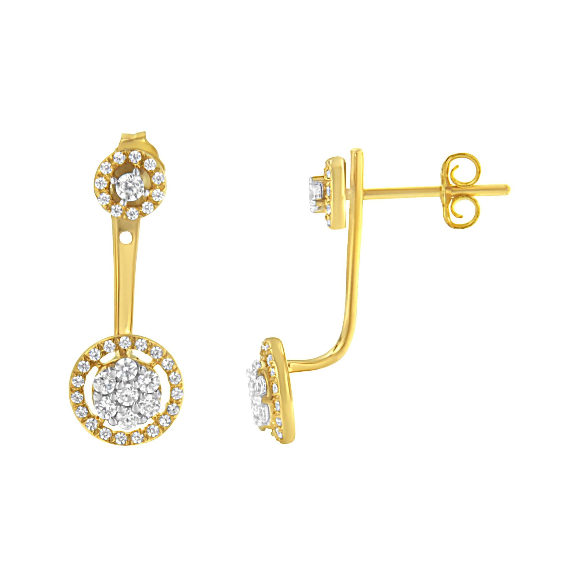 Yellow metal earrings with round white gemstones arranged in two circular clusters connected by a slender bar, shown from front and side angles.