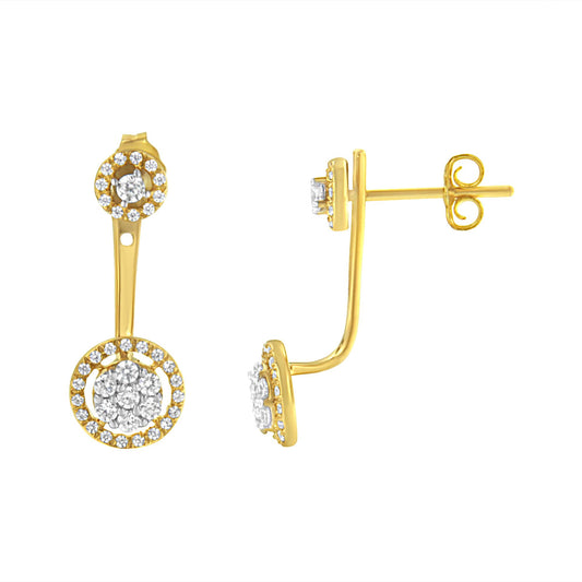 Yellow metal earrings with round white gemstones arranged in two circular clusters connected by a slender bar, shown from front and side angles.
