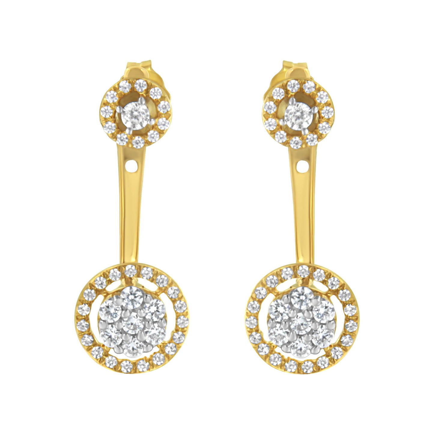 Front angle view of yellow metal drop earrings with round white gemstones in prong settings, featuring a smaller cluster at the top and a larger cluster connected below by a slender bar.
