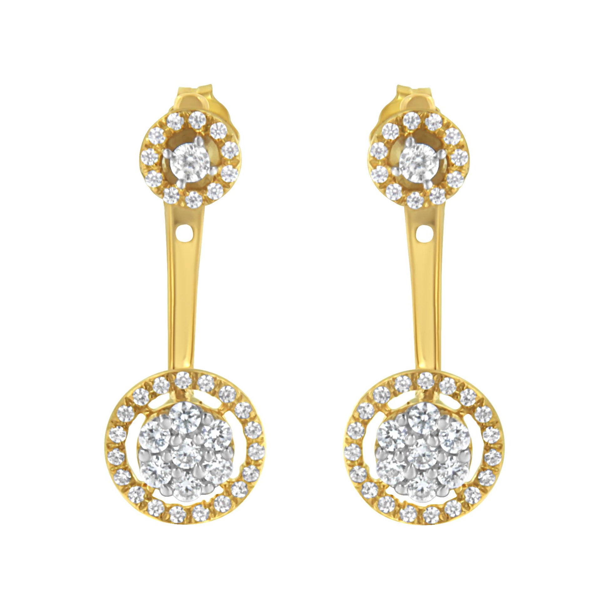 Front angle view of yellow metal drop earrings with round white gemstones in prong settings, featuring a smaller cluster at the top and a larger cluster connected below by a slender bar.