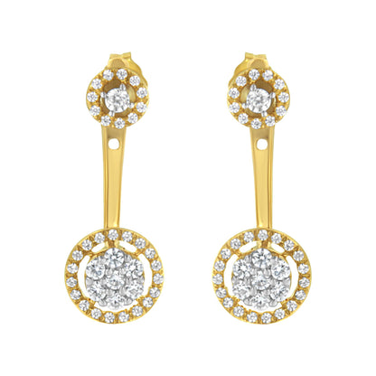 Front angle view of yellow metal drop earrings with round white gemstones in prong settings, featuring a smaller cluster at the top and a larger cluster connected below by a slender bar.