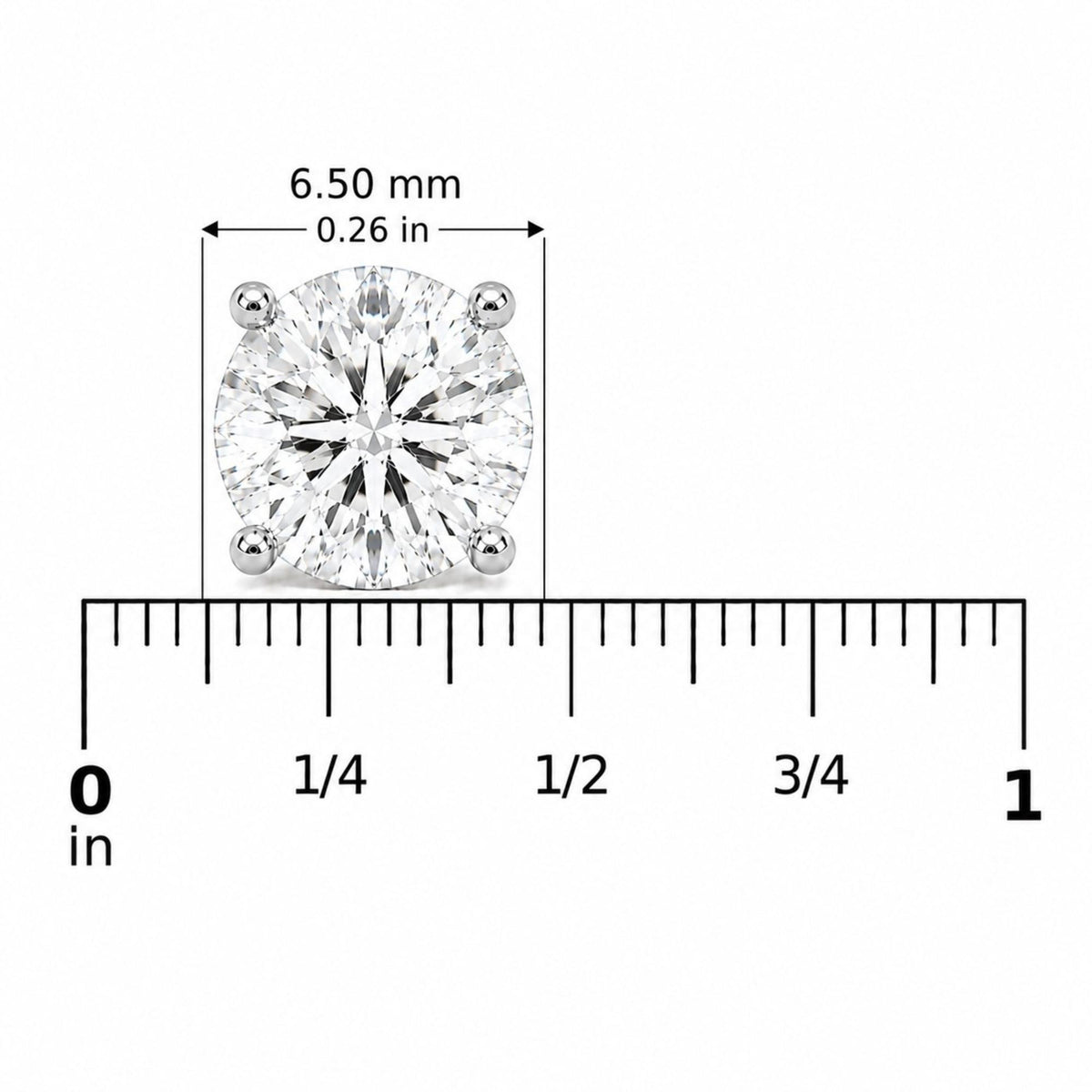 Close-up front view of a white metal round-shaped earring with a white gemstone in a four-prong setting, shown on a ruler scale.