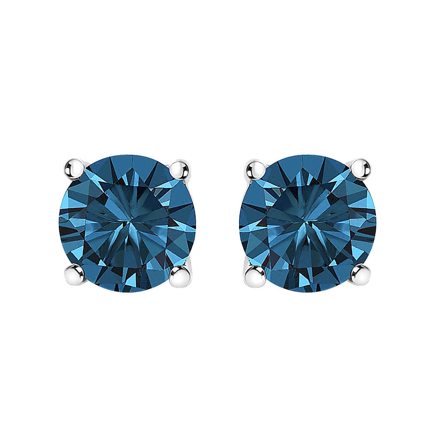 Close-up front view of round blue gemstone stud earrings in white metal with four-prong setting.
