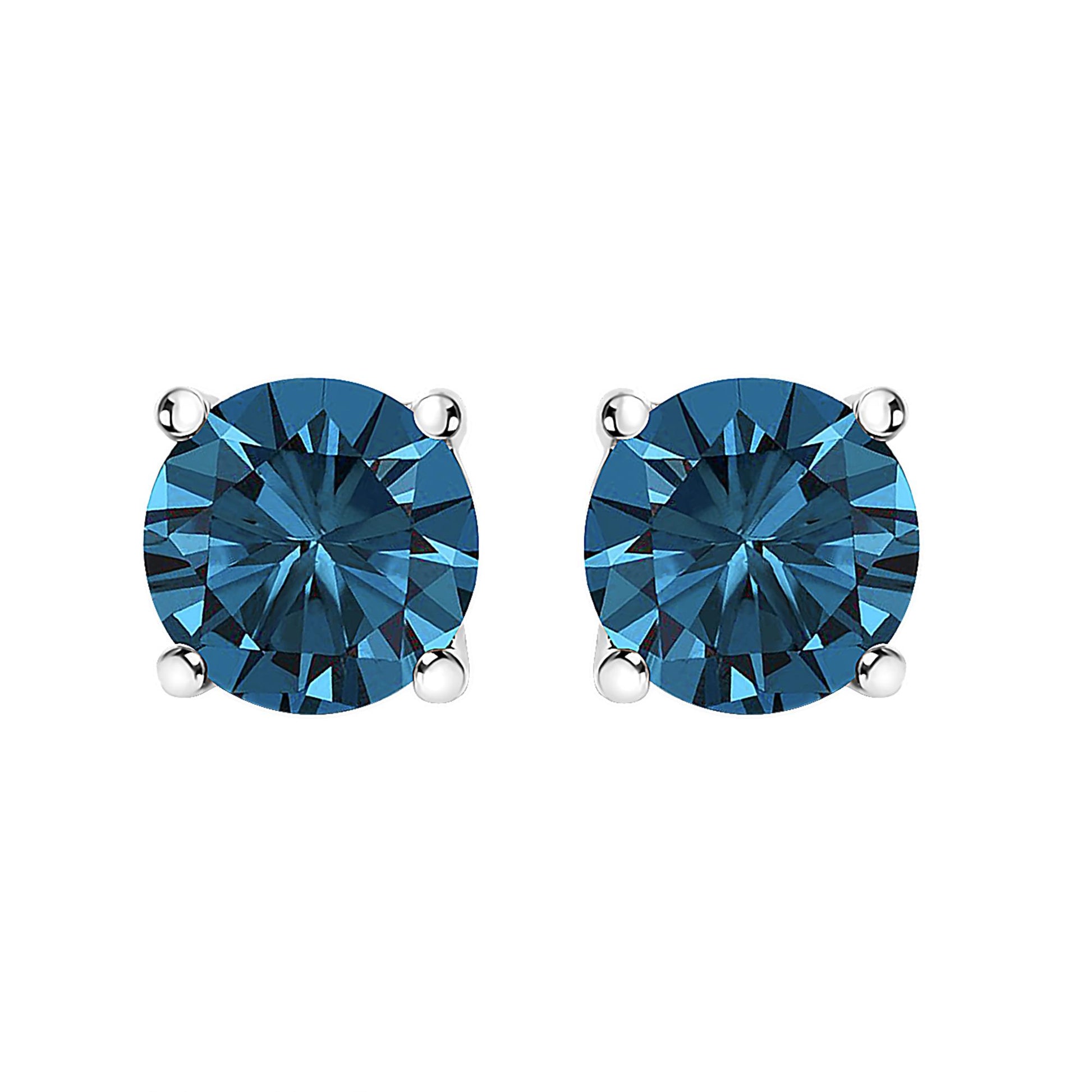 Close-up front view of round blue gemstone stud earrings in white metal with four-prong setting.