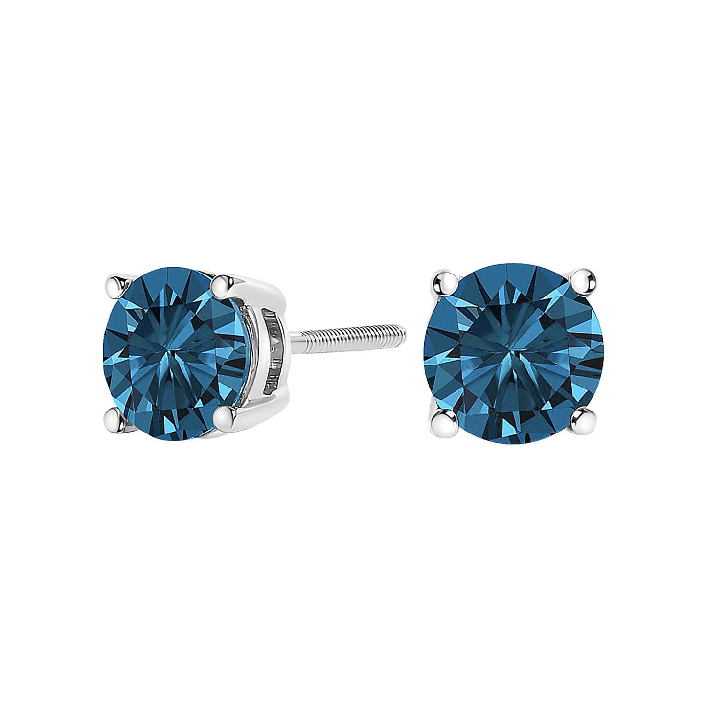 Close-up front and side angle of a pair of white metal stud earrings with round blue gemstones in four-prong settings.