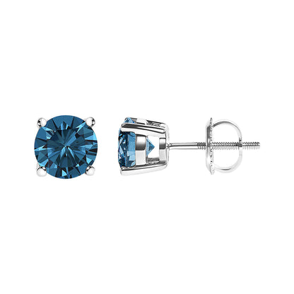 Close-up front and side views of white metal stud earrings with round blue gemstones set in four-prong settings.