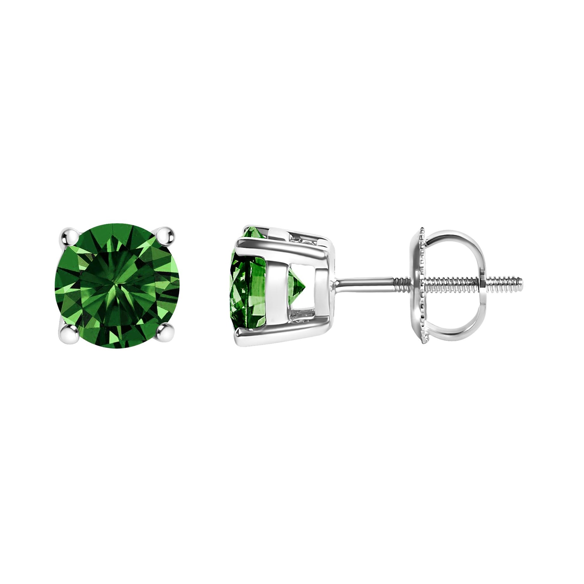 Pair of white metal stud earrings with round green gemstones in 4-prong settings, shown from front and side angles.