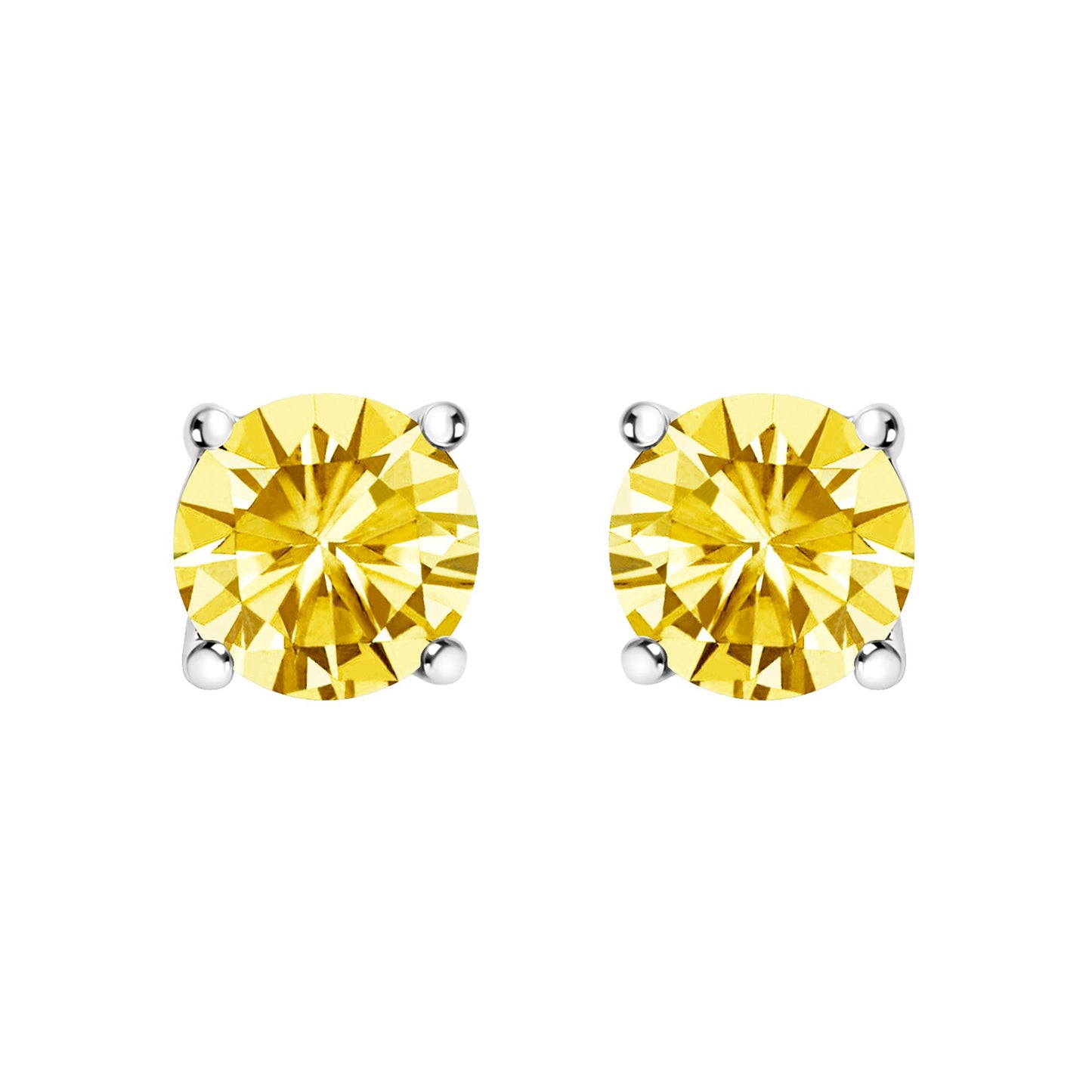 Close-up front view of white metal stud earrings featuring round yellow gemstones in a four-prong setting, shown on a white background.