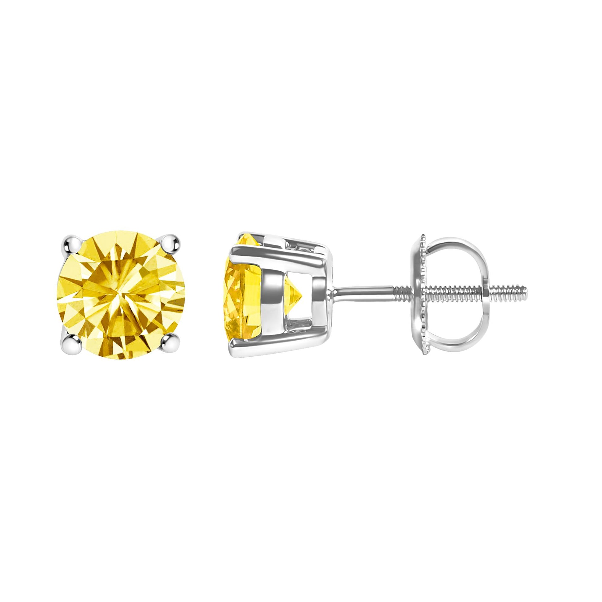 Close-up front and side view of a white metal stud earring with a round yellow gemstone in a 4-prong setting.