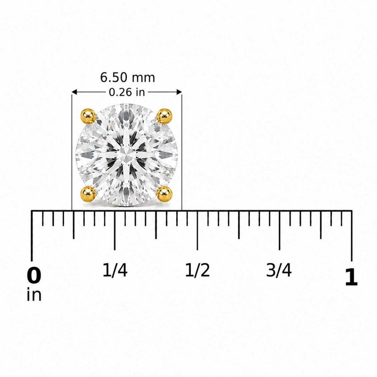 Close-up front view of a single yellow stud earring with a round white gemstone in a 4-prong setting, shown on a scale.