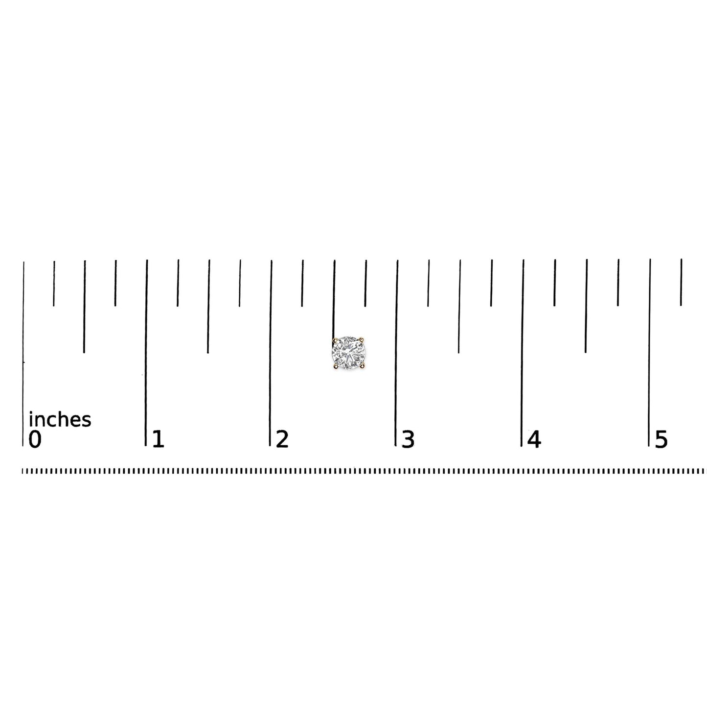 Close-up top view of a single yellow metal stud earring with a round white gemstone in a 4-prong setting placed on a ruler for size reference.