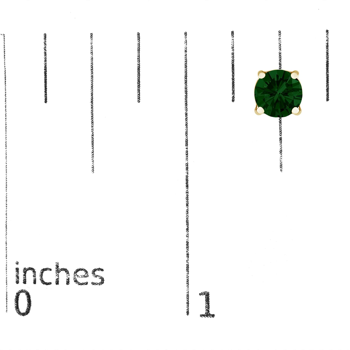 Close-up front angle of a yellow metal earring with a round green gemstone in a 4-prong setting, placed on a ruler for size reference.