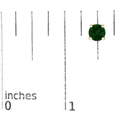 Close-up front angle of a yellow metal earring with a round green gemstone in a 4-prong setting, placed on a ruler for size reference.