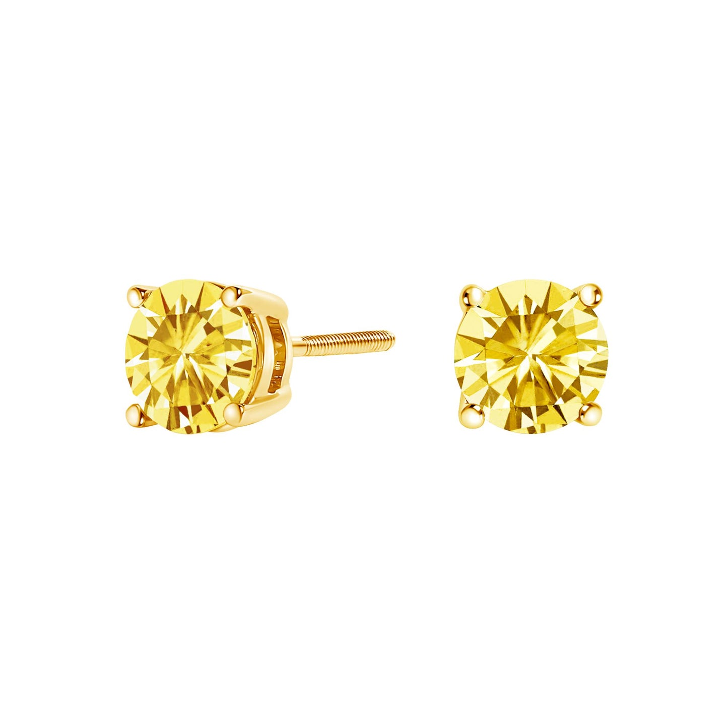 Pair of yellow metal stud earrings with round yellow gemstones in 4-prong settings, shown from a side and front angle on a white background.