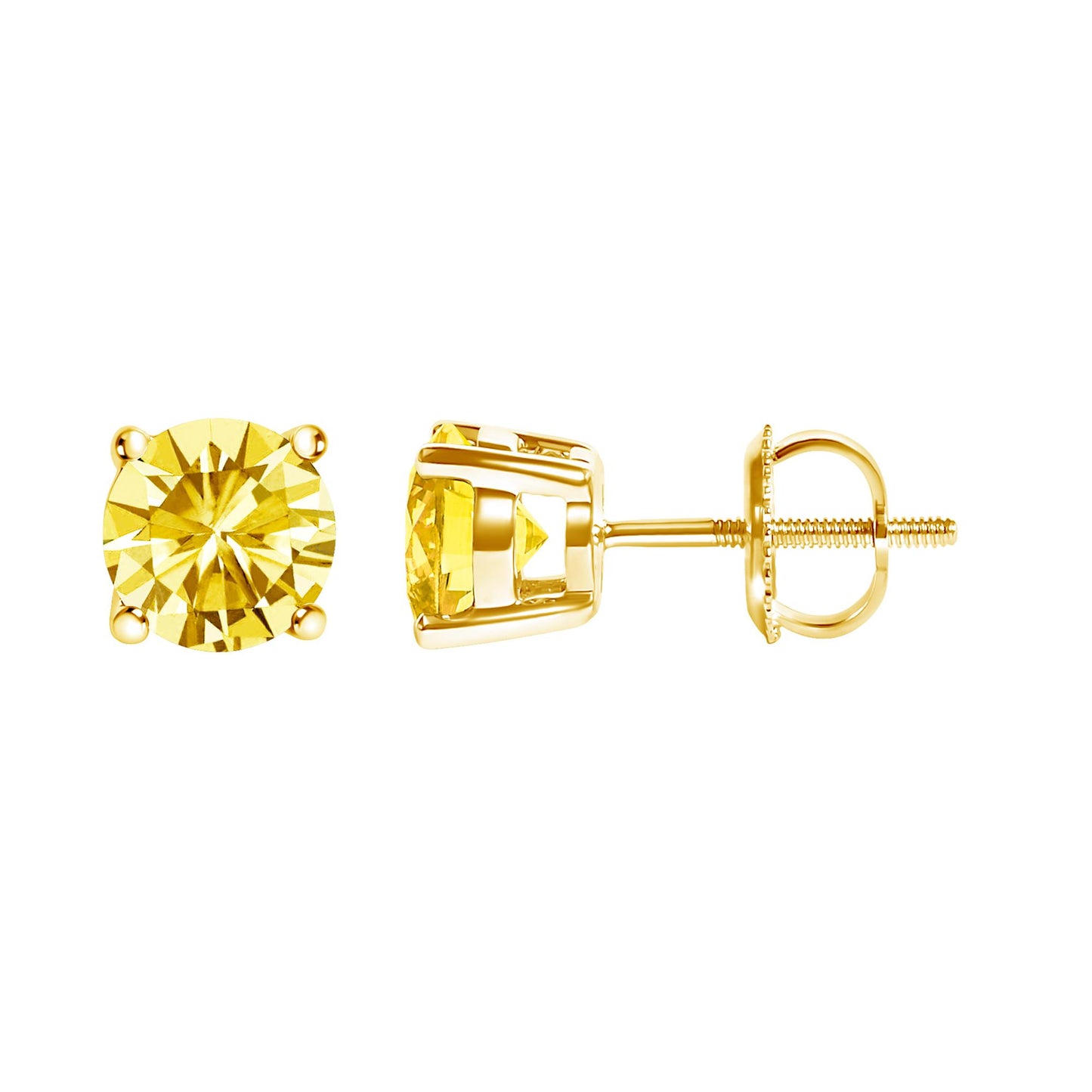 Close-up front and side view of yellow metal stud earrings with round yellow gemstones set in four-prong settings.