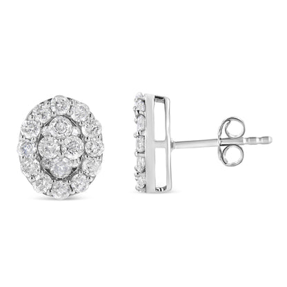 Pair of white metal round cluster stud earrings with prong-set white gemstones, shown from front and side angles.