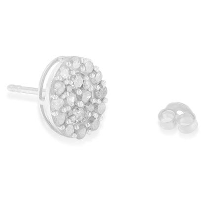 Close-up side angle of a white metal earring stud with round white gemstones in prong settings, accompanied by a clear earring back.