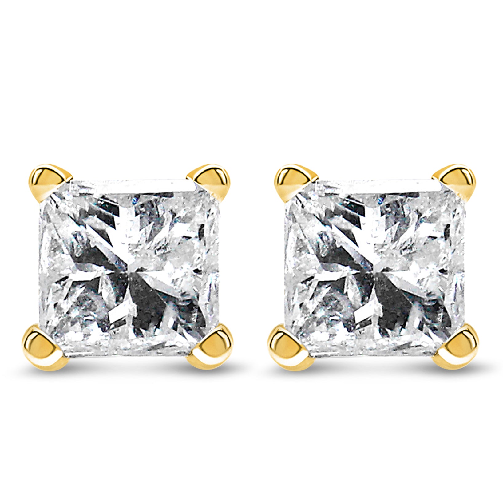 Front view of yellow metal stud earrings with square-shaped white gemstones in four-prong settings.
