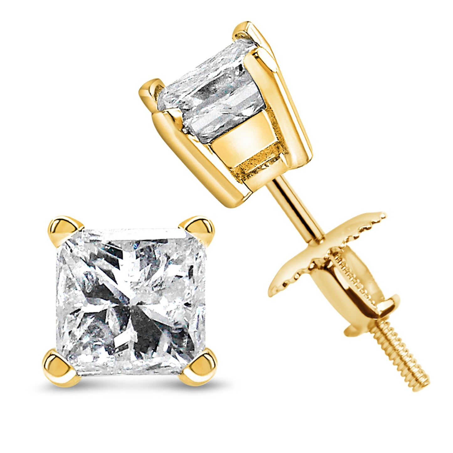Close-up front and side view of yellow metal earrings with square-shaped white gemstones held by four prongs, featuring screw-back closures.