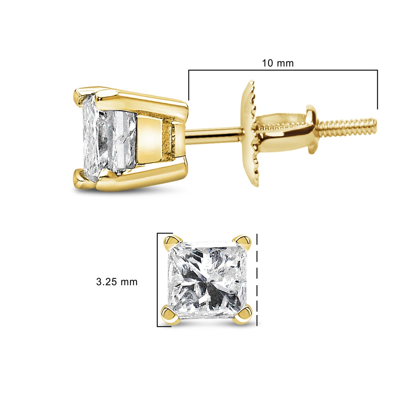 Close-up side and front view of a yellow metal stud earring featuring a princess-shaped white gemstone in a 4-prong setting, shown with size reference markings.