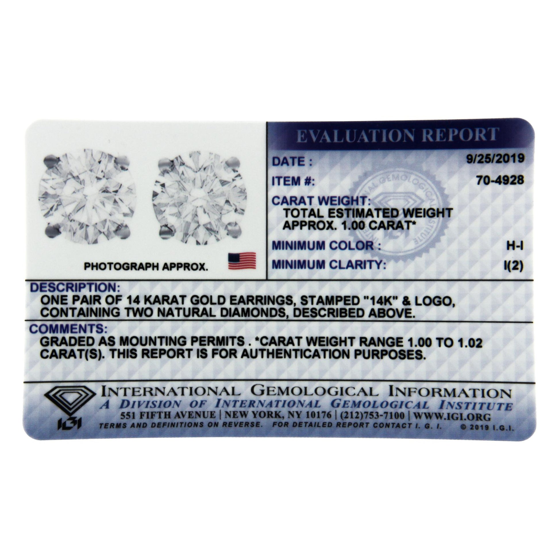 Pair of round white gemstone stud earrings in a 4-prong setting shown in a top-down view on a certification card.