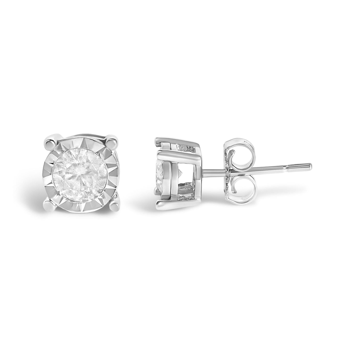 Pair of white metal stud earrings with round white gemstones in miracle setting, shown from front angle on white background.