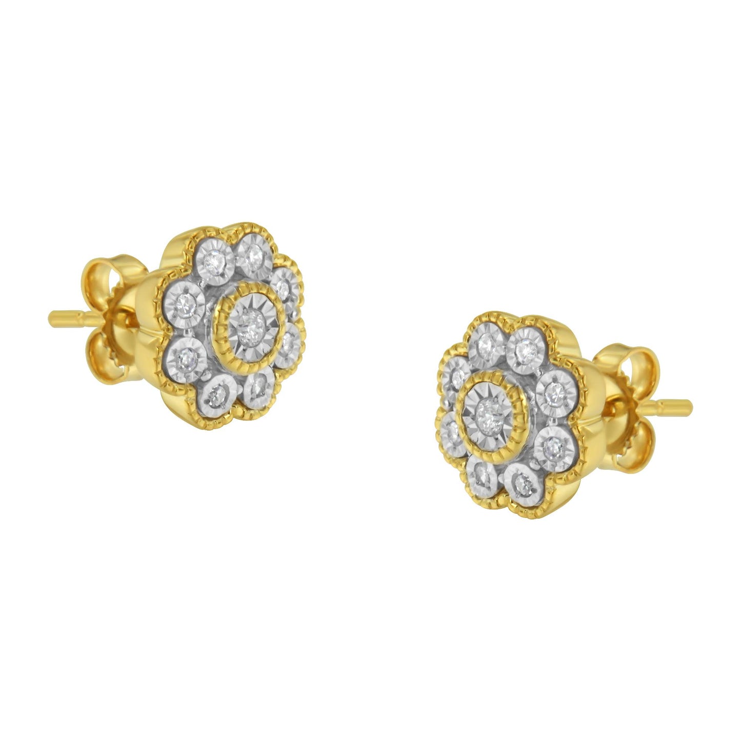 Pair of yellow metal stud earrings with round white gemstones in a floral cluster design, shown at a slight angled front view.