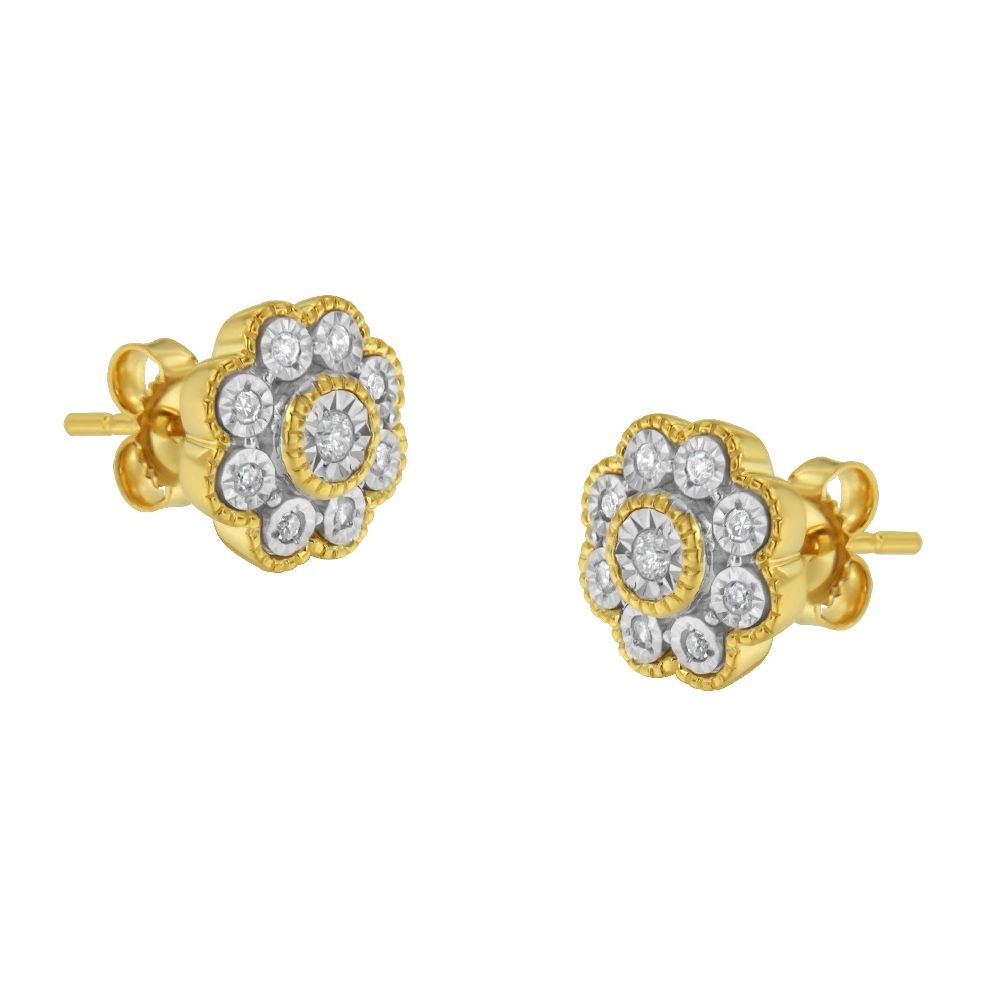 Pair of yellow metal stud earrings with round white gemstones in a floral cluster design, shown at a slight angled front view.