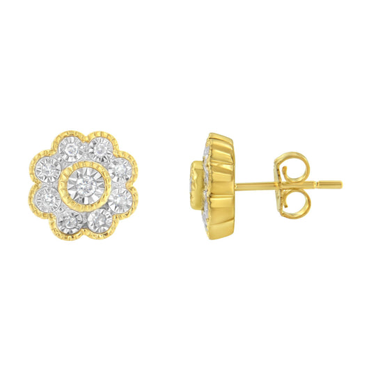 Front and side views of yellow metal flower-shaped stud earrings with round white gemstones in a miracle setting.