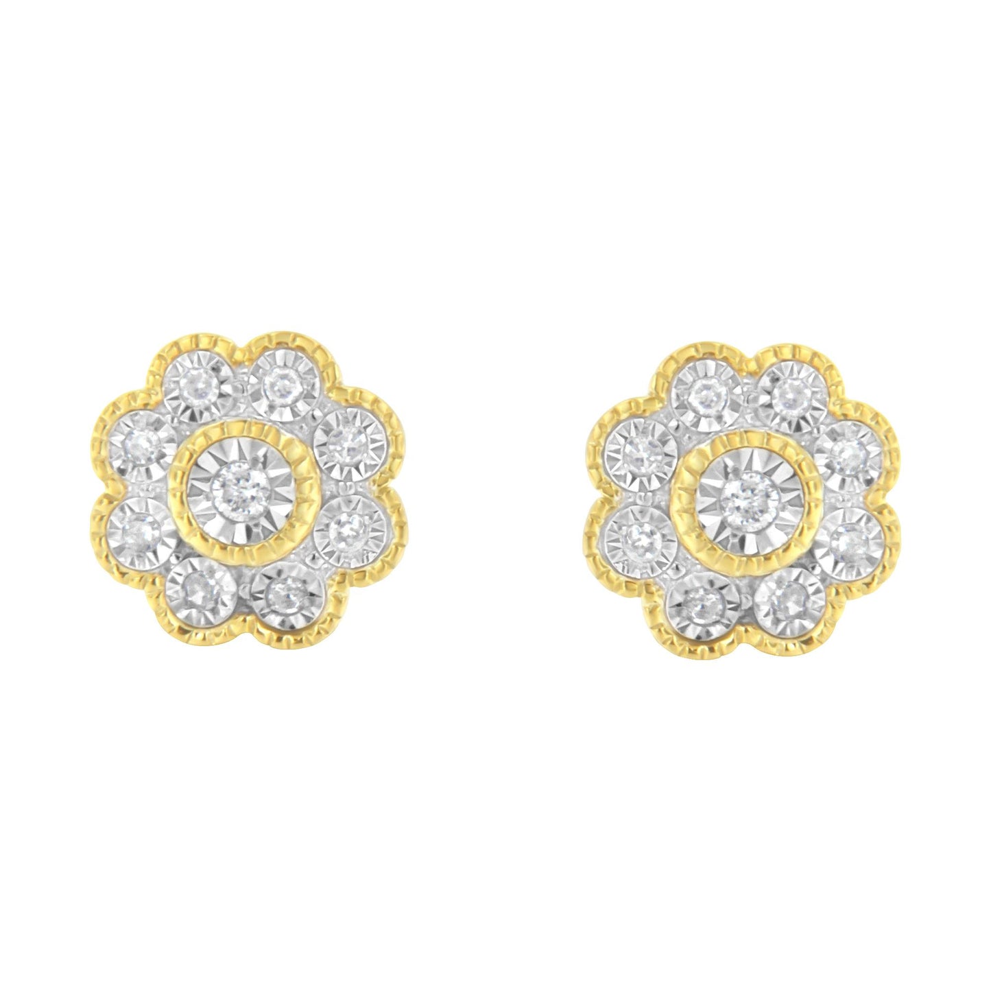 Front view of yellow metal flower-shaped earrings with white round gemstones in a miracle setting.