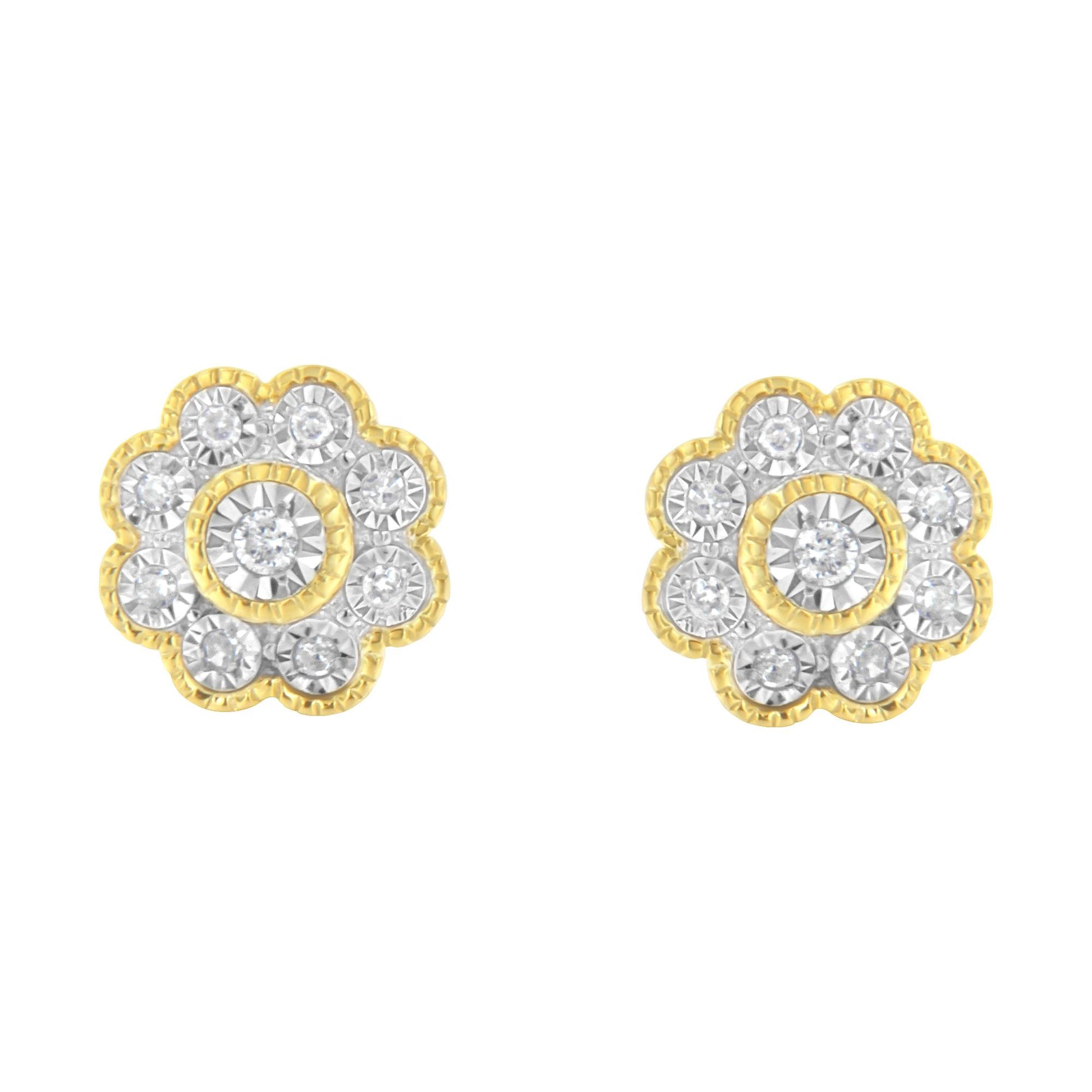 Front view of yellow metal flower-shaped earrings with white round gemstones in a miracle setting.