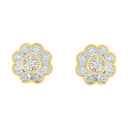Front view of yellow metal flower-shaped earrings with white round gemstones in a miracle setting.