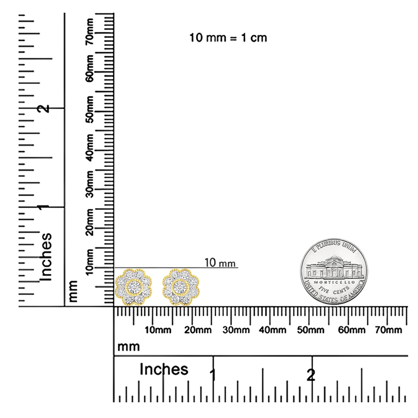 Pair of yellow metal flower-shaped stud earrings with round white gemstones in miracle setting, shown on a ruler and scale for size reference, front angle.