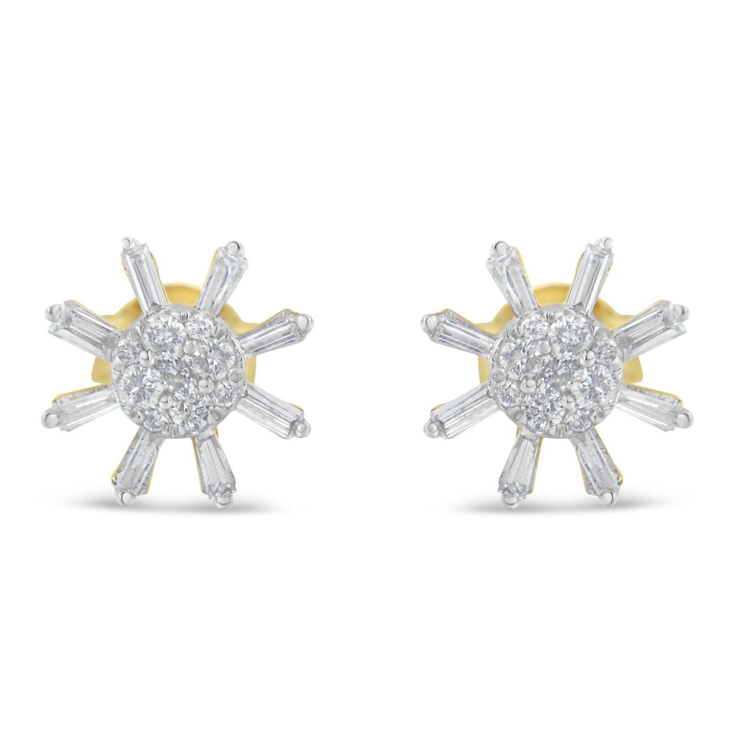 Front view of yellow metal stud earrings with round and baguette-shaped white gemstones in prong settings arranged in a starburst design.