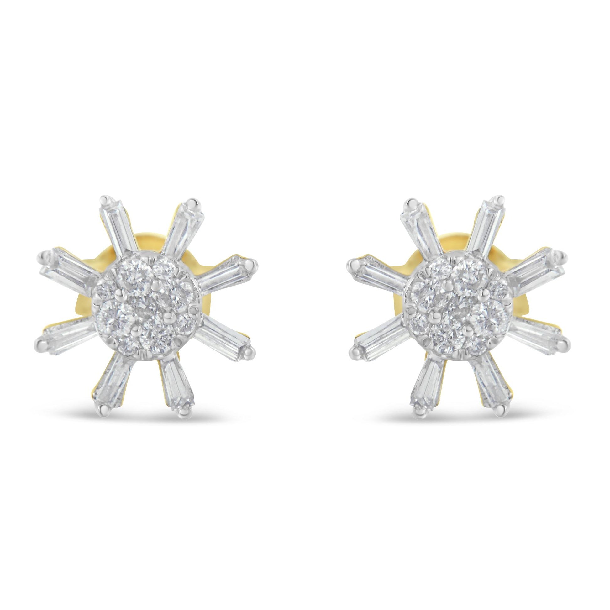 Front view of yellow metal stud earrings with round and baguette-shaped white gemstones in prong settings arranged in a starburst design.