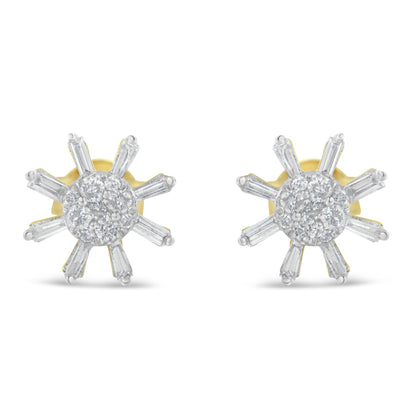 Front view of yellow metal stud earrings with round and baguette-shaped white gemstones in prong settings arranged in a starburst design.