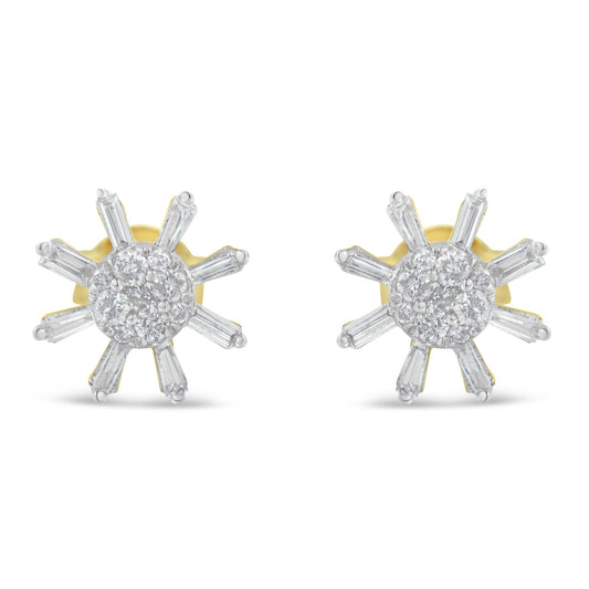 Front view of yellow metal stud earrings with round and baguette-shaped white gemstones in prong settings arranged in a starburst design.