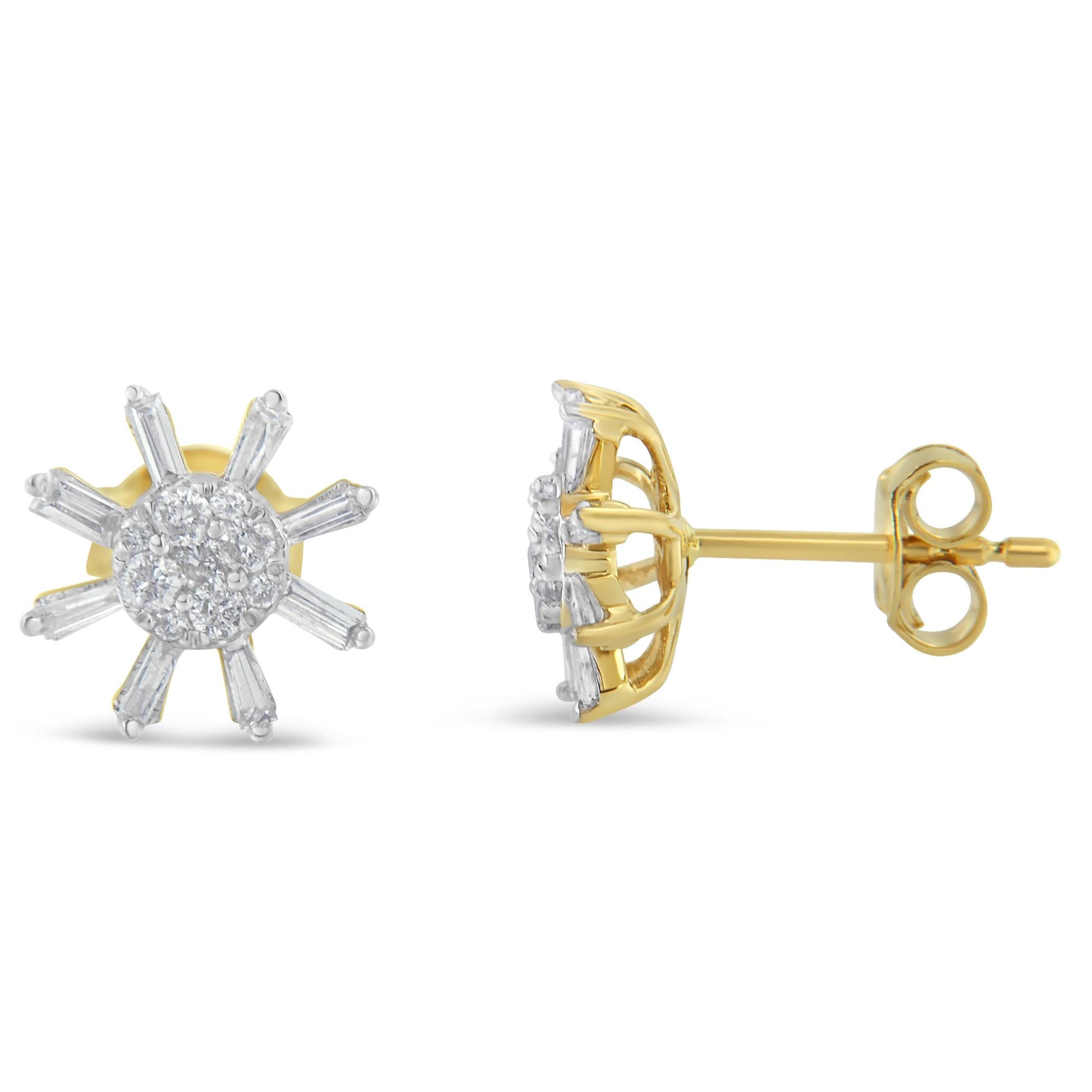 Pair of yellow metal stud earrings with round and baguette white gemstones in a floral design, shown from front and side angles.