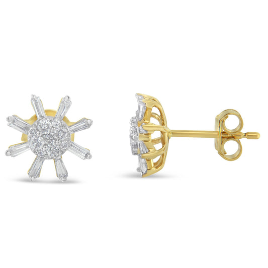 Pair of yellow metal stud earrings with round and baguette white gemstones in a floral design, shown from front and side angles.