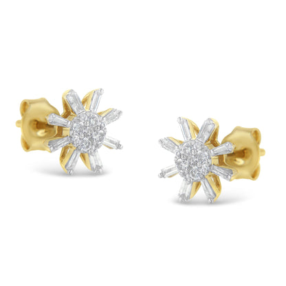 Pair of yellow metal stud earrings with round and baguette white gemstones set in a circular floral design, shown at an angled front view.