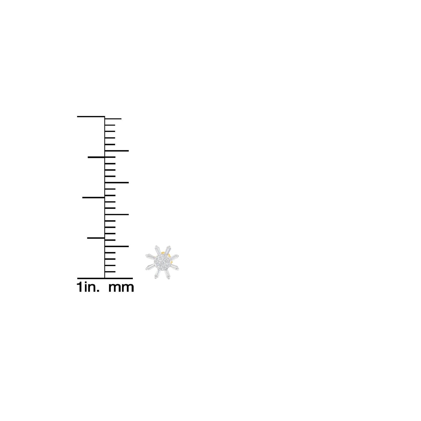 Close-up image of a yellow metal earring with round and baguette-shaped white gemstones, shown next to a ruler for size reference.