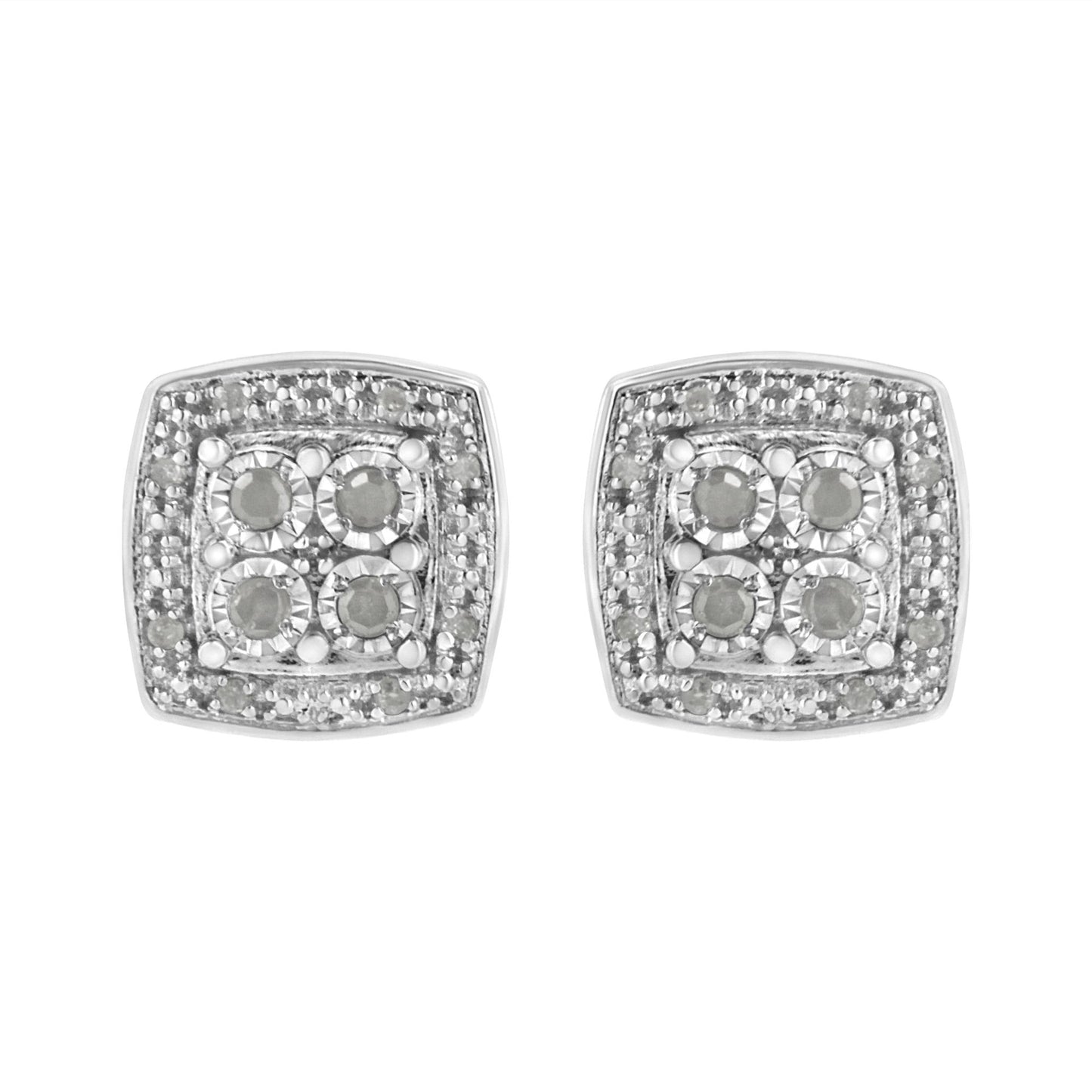 Front view of a pair of white metal square-shaped earrings with round white gemstones arranged in a cluster pattern.