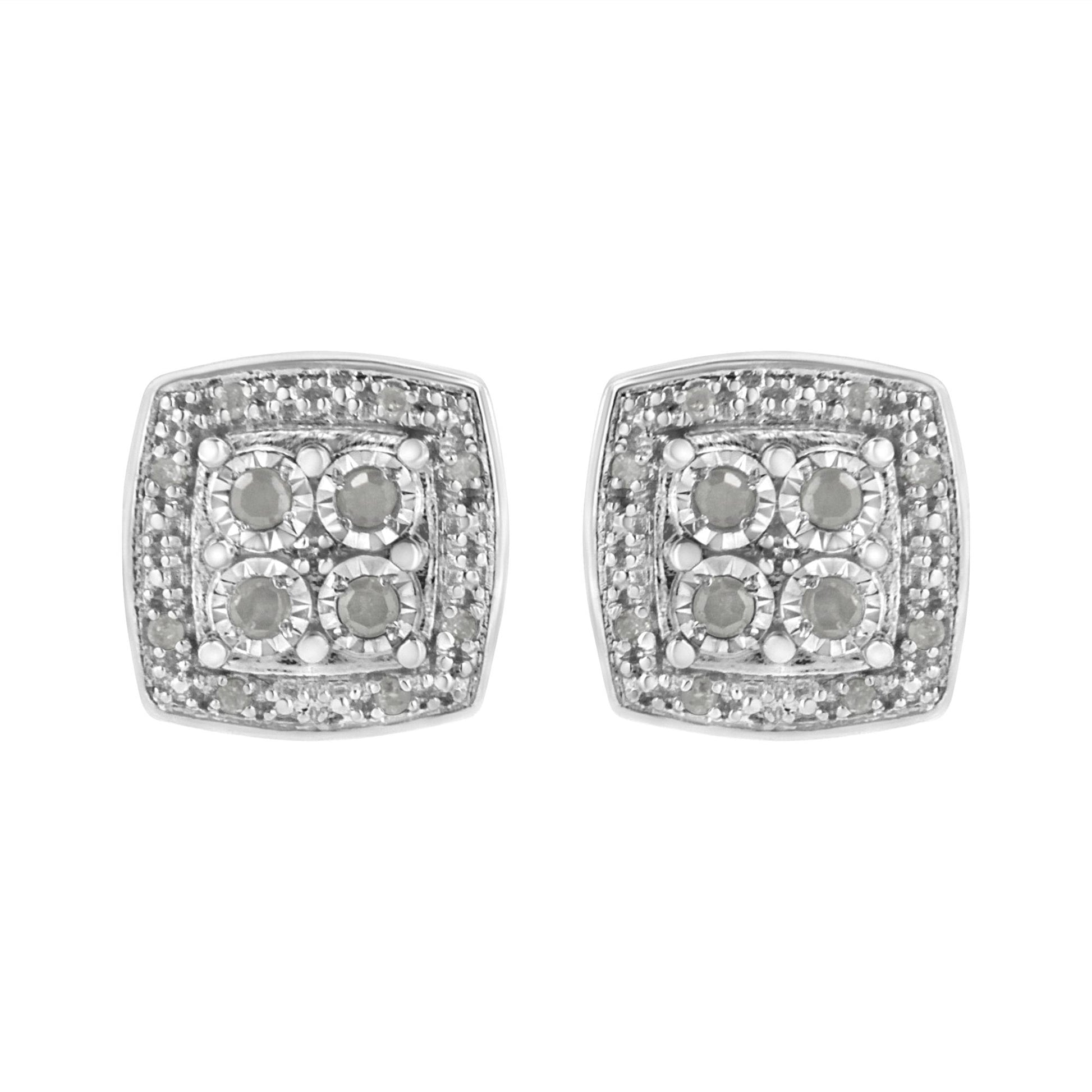 Front view of a pair of white metal square-shaped earrings with round white gemstones arranged in a cluster pattern.
