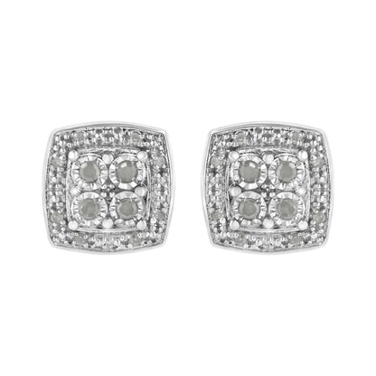 Front view of a pair of white metal square-shaped earrings with round white gemstones arranged in a cluster pattern.