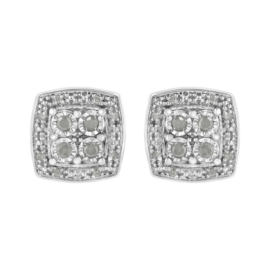 Front view of a pair of white metal square-shaped earrings with round white gemstones arranged in a cluster pattern.