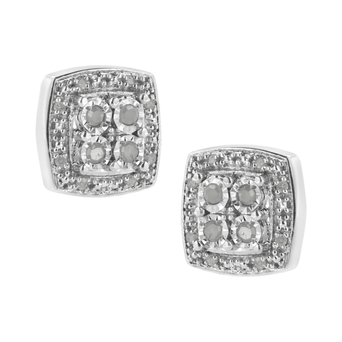 Pair of white metal square-shaped stud earrings with round white gemstones in miracle setting, shown at a slight angle.