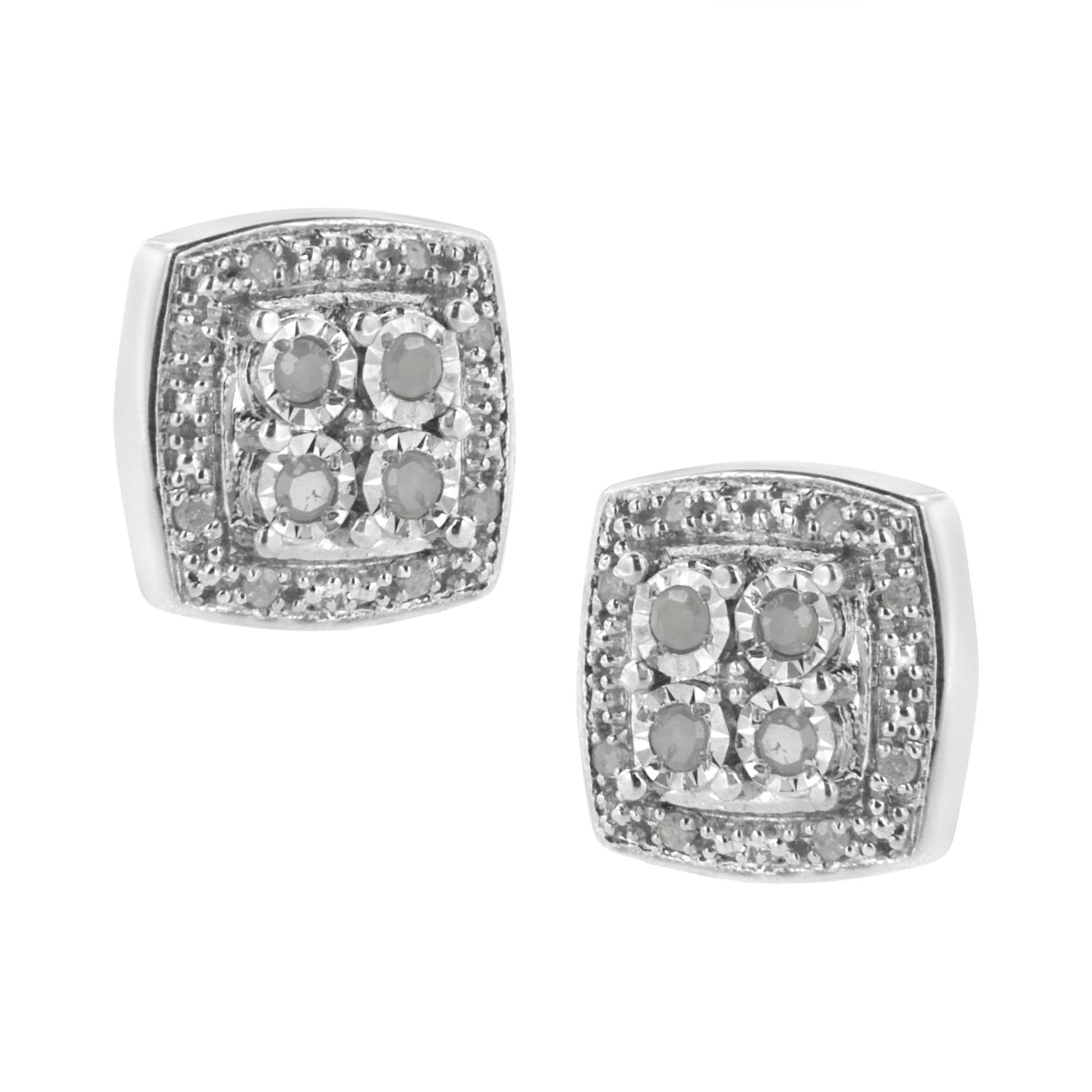 Pair of white metal square-shaped stud earrings with round white gemstones in miracle setting, shown at a slight angle.